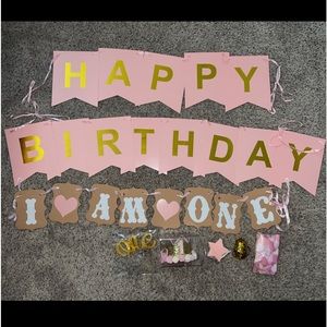 1st Birthday girl decorations with birthday Crown, pink and gold supplies